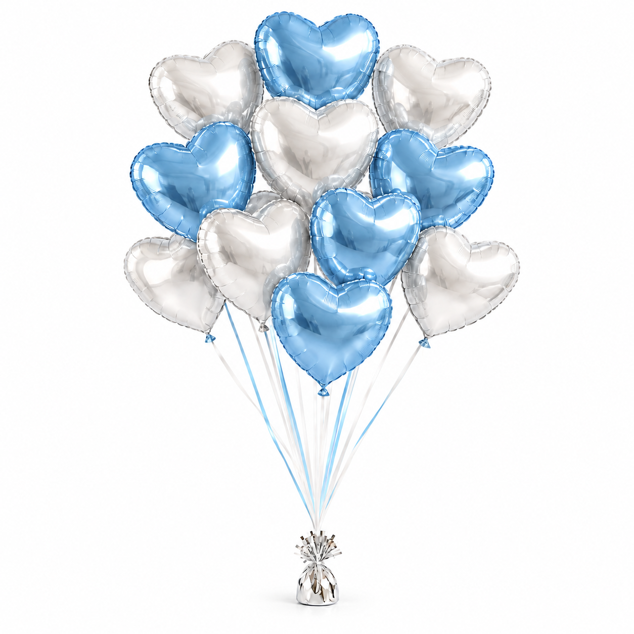 A dozen powder blue and pearl white heart-shaped Mylar balloons on a clean white background