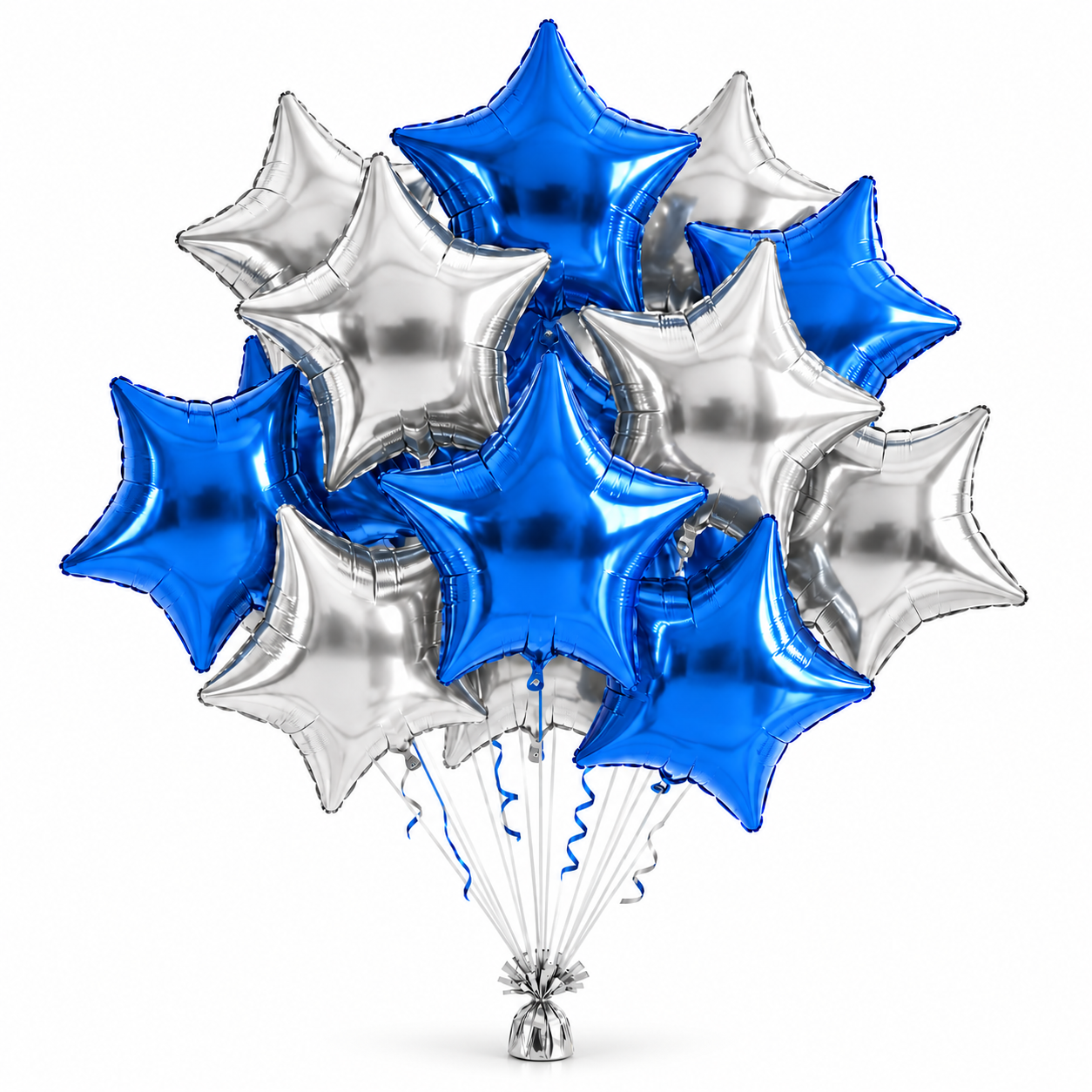 A dozen dark royal blue and metallic silver star-shaped Mylar balloons on a clean white background