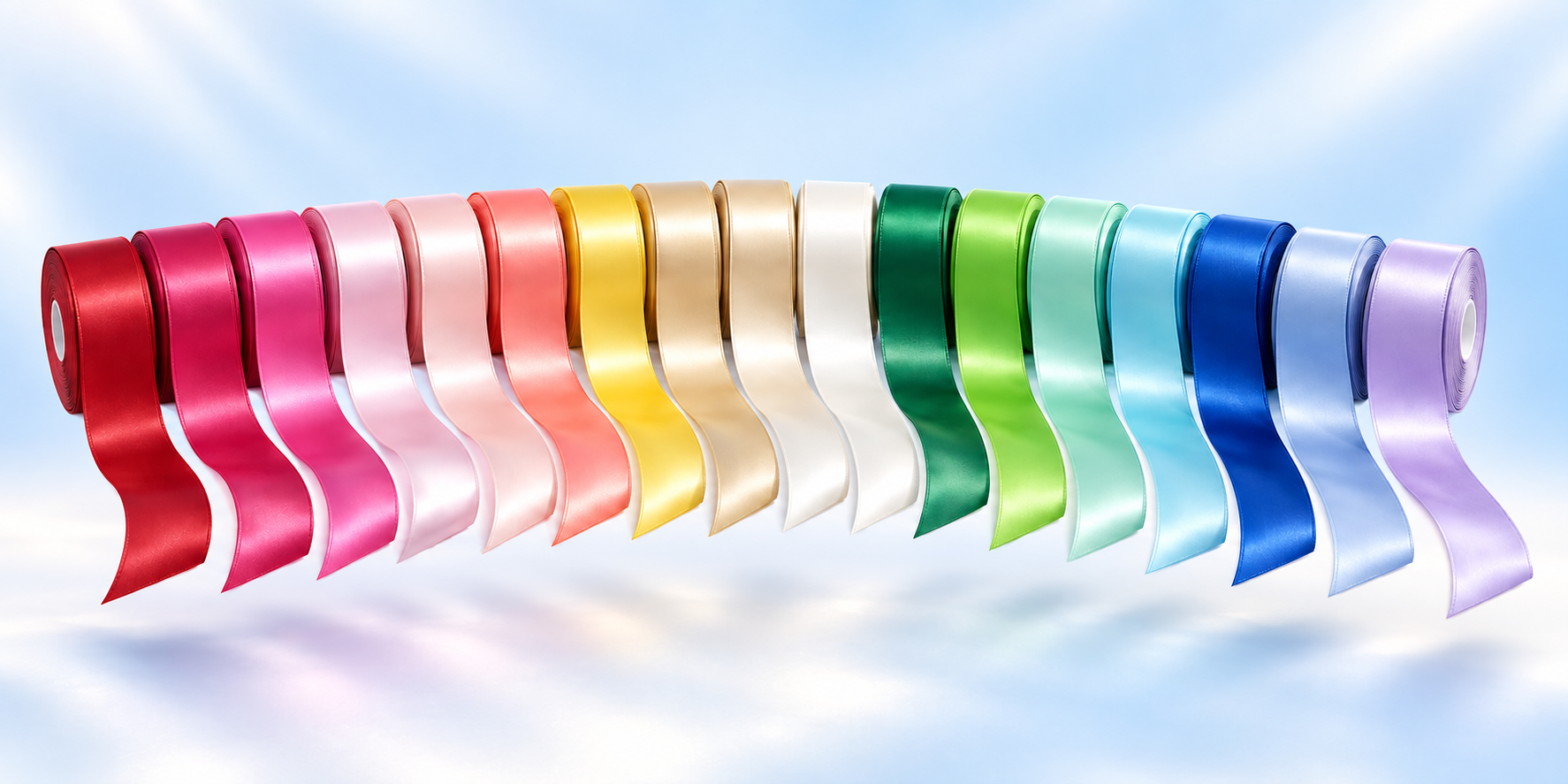 Premium satin ribbon rolls arranged in a spectrum of Hampton Party Shop colors