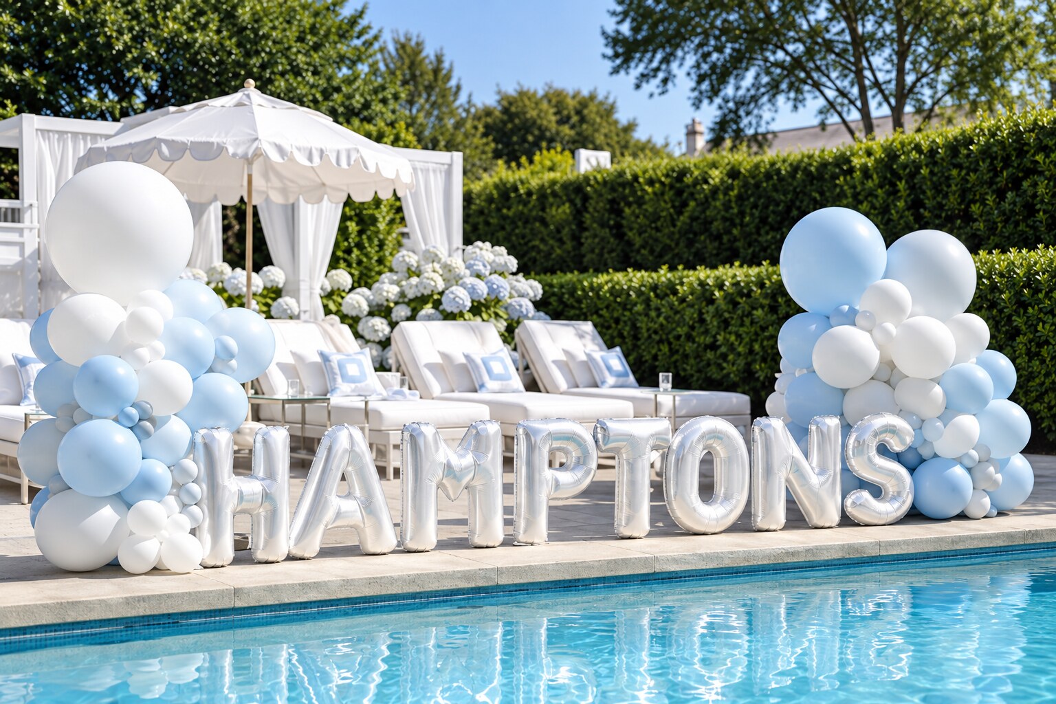 Silver HAMPTONS letter balloons framed by powder-blue and white balloon columns beside a pool