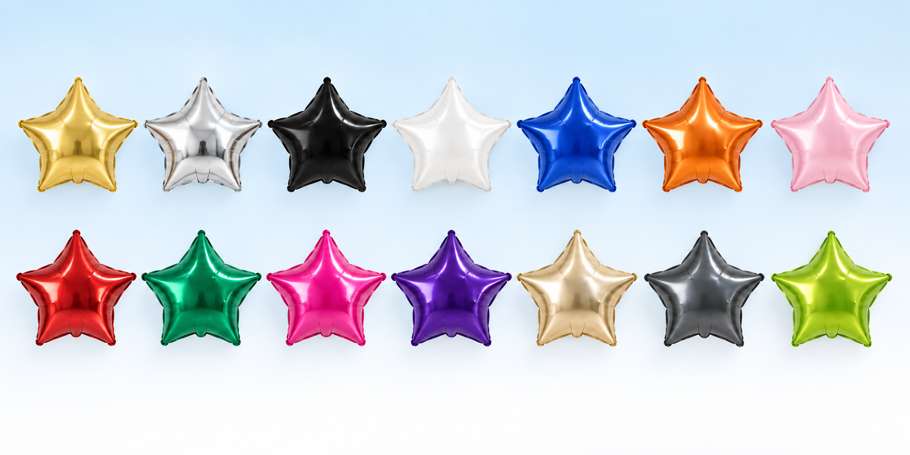 Fourteen star-shaped Mylar balloons shown in Hampton Party Shop colors