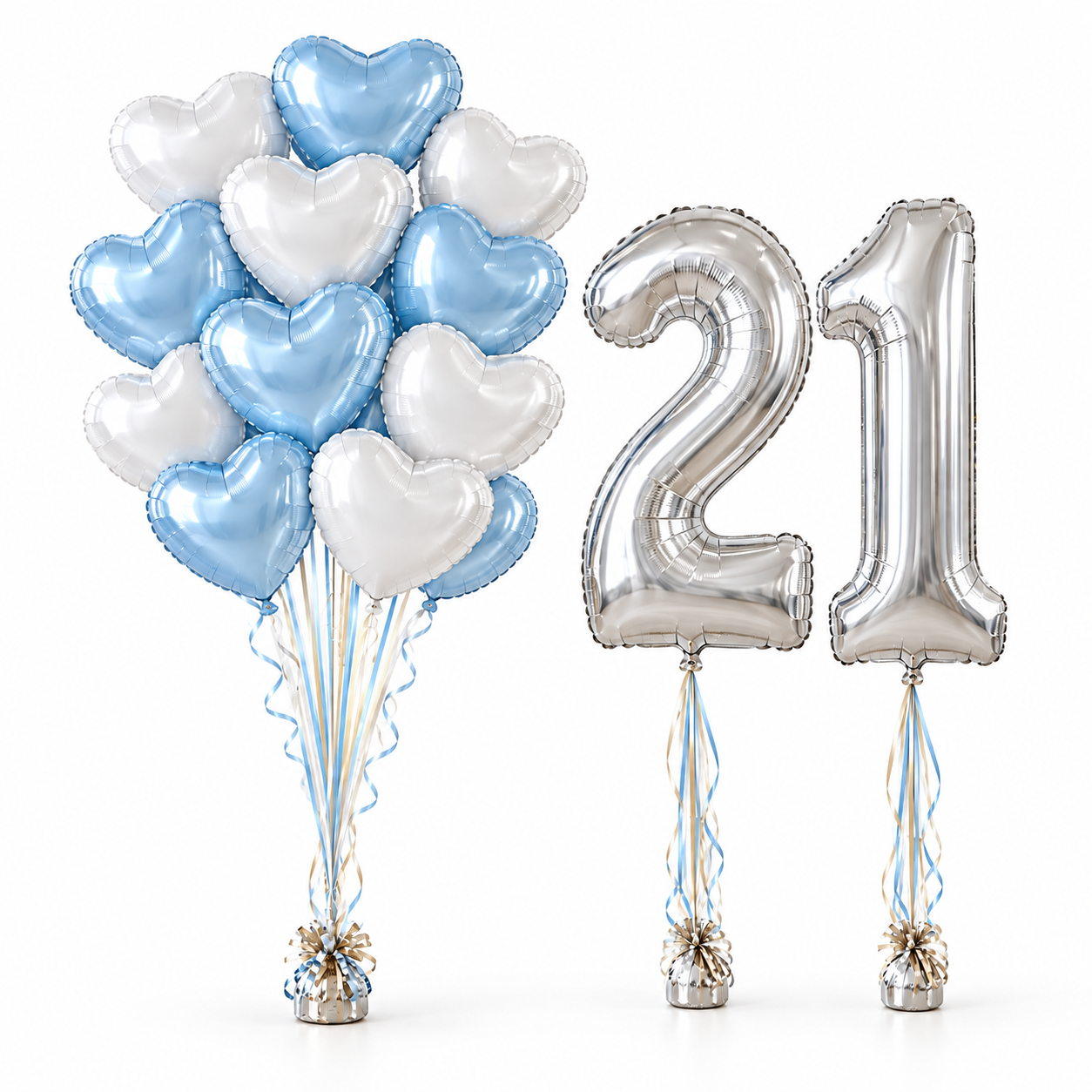 Twelve powder blue and pearl white heart balloons with silver number 21 balloons
