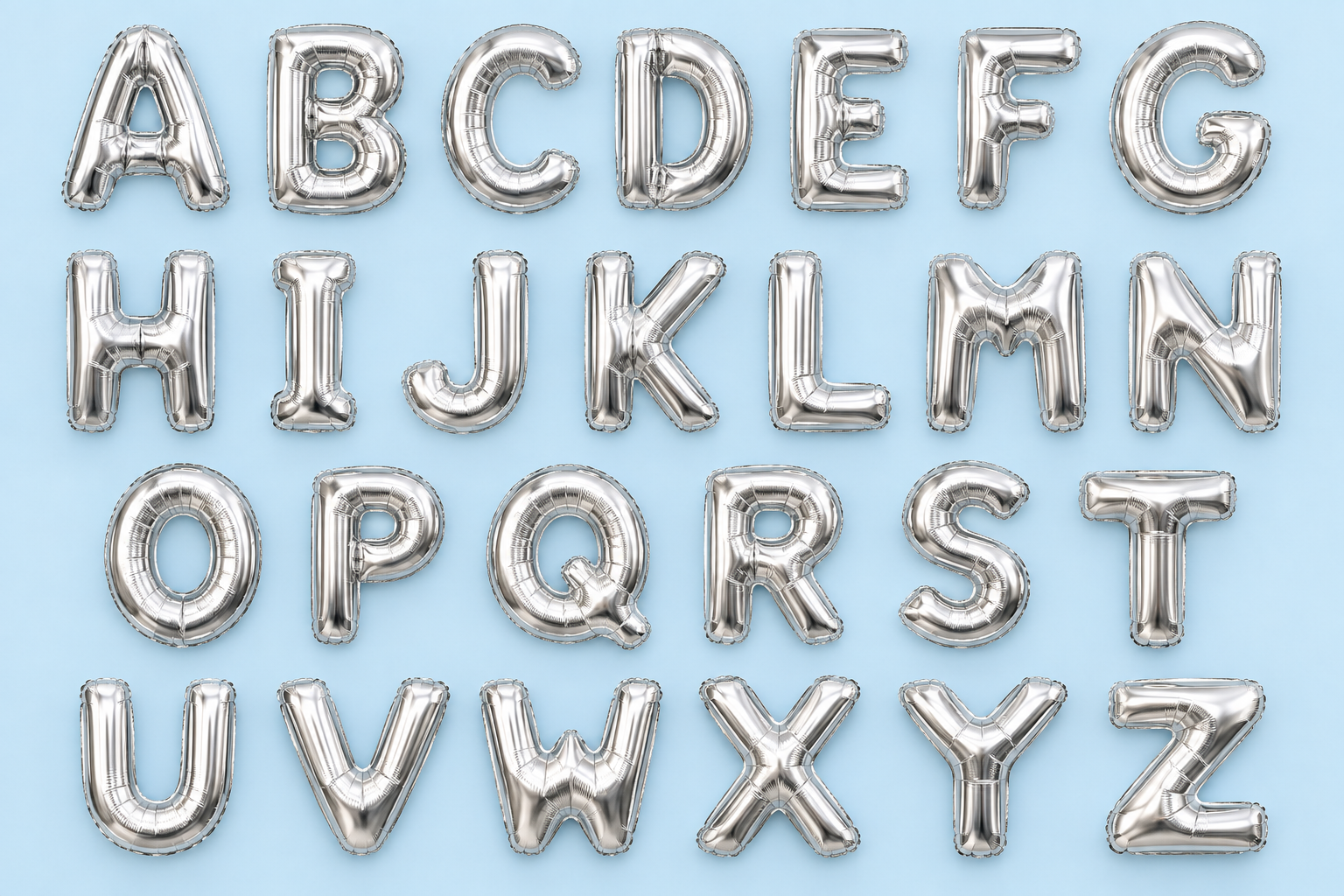 Complete alphabet from A through Z shown as individual silver Mylar letter balloons