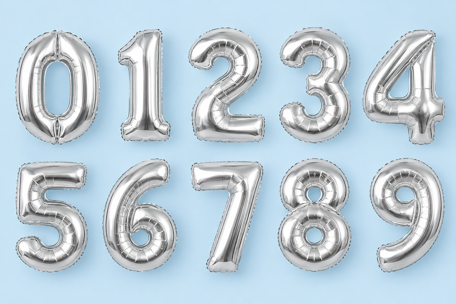 Complete set of silver Mylar number balloons from zero through nine
